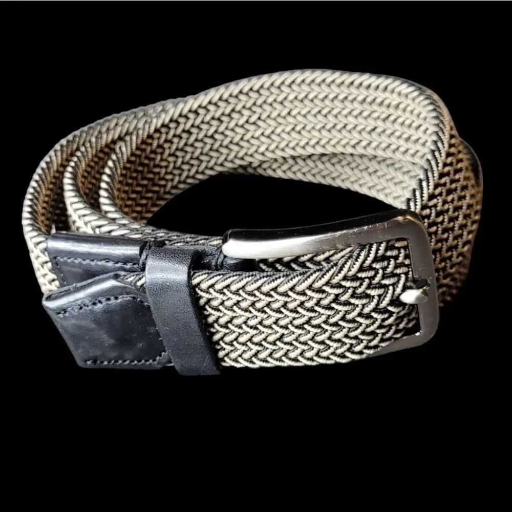 Tommy Bahama sz L/XL black leather Trim men's belt, stretch black and cream